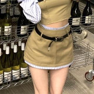 A-Line Panel Smocked Striped Two-Piece Waist Off-Shoulder Crop Blouse Long-Sleeve Belt Mini High Set Skirt Mock /