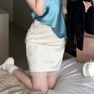 Skirt Dotted Top Embroidered V-Neck Cami Satin Plain Rise Pencil / Cardigan Mini High