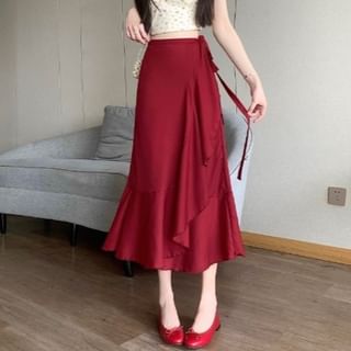 High Midi Waist Plain Skirt A-Line Ruffle