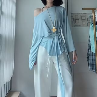 Tee Plain Sashed Neck Slim Asymmetrical Fit Long-Sleeve Off-Shoulder