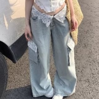 Camisole / Lace Jeans Crop Top Washed Rise Panel Trim Wide Low Button-Up Leg Cargo