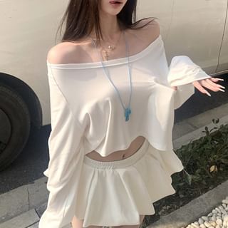 / Mini Skirt Long-Sleeve T-Shirt Shoulder Plain Off A-Line Crop