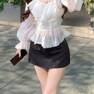 Trim V-Neck Ruffle Long Plain Blouse Front Sleeve Mini Lace Pencil Tie / Skirt