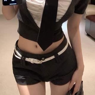 Piece Crop Two Plain Necktie Collared Sleeve Rise Mock / Top Mid Short Shorts Ruched