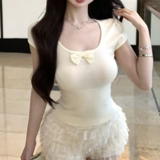 Sleeve Short High Neck Tiered Plain Lace Bow Waist Tee Scoop Shorts /