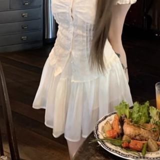 Blouse Shirred Ruffled Skirt Rise Plain A-Line Off-Shoulder Mini / High