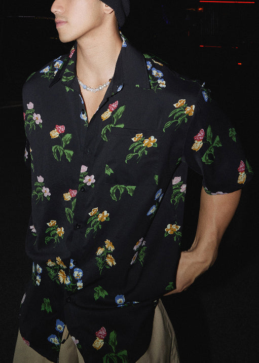 Print Collar Summer Pan Black Shirt Men Peter Cotton Loose