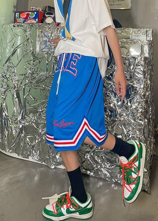 Summer Shorts Loose Elastic Men Basketball Print Blue Waist