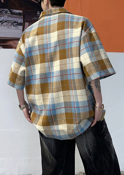 Sleeve Coffee Cotton Shirts Loose Pullover Men Button Half Plaid