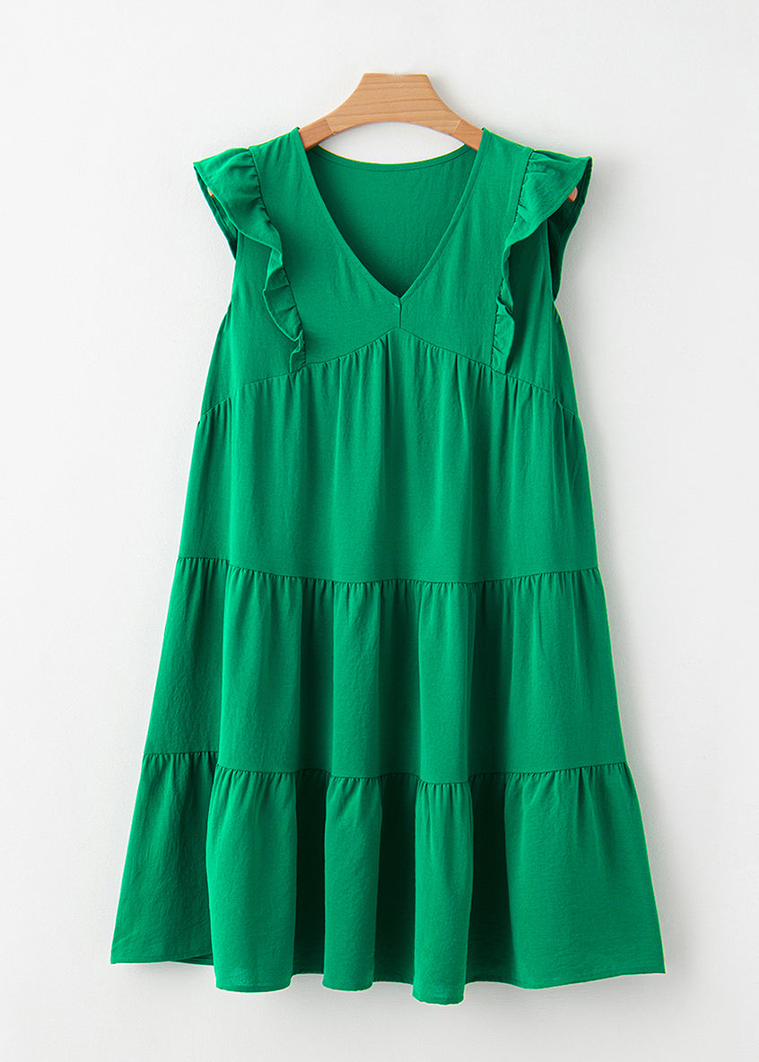 Summe Loose Green Patchwork Mid Solid Neck V Dresses