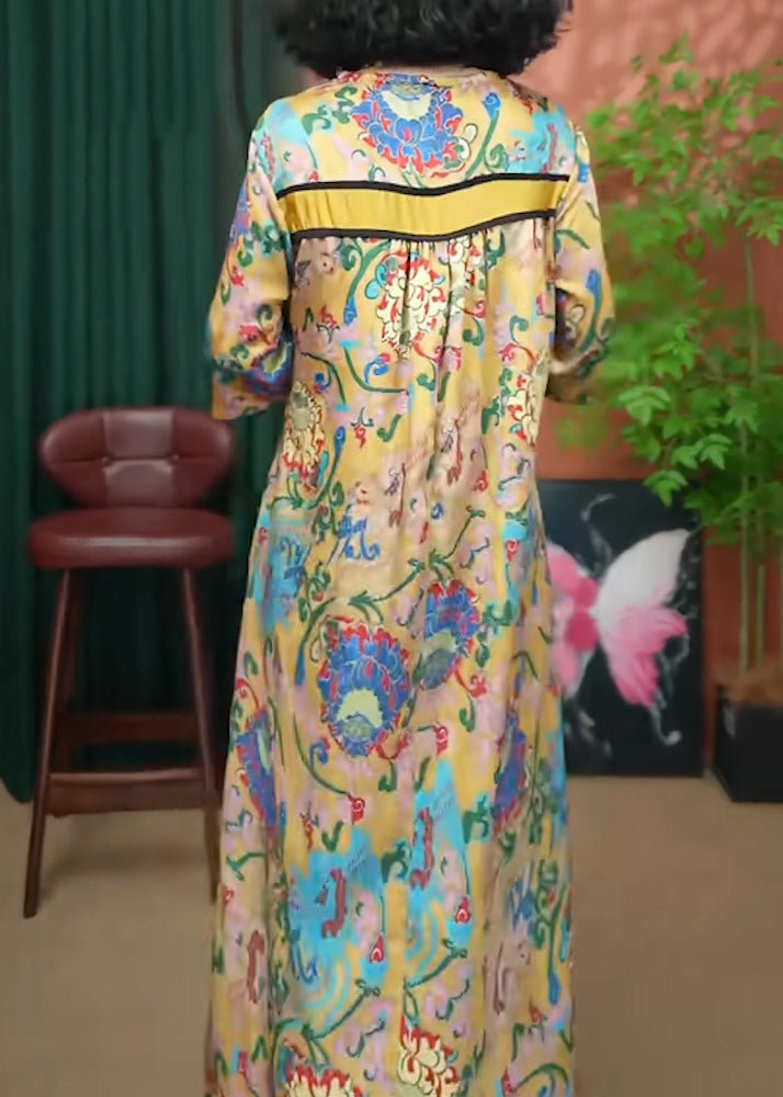 Neck Dresses Summer Print Yellow V Loose Long Cotton