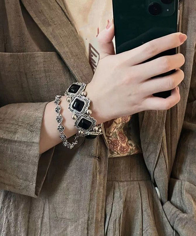 Chain Floral Bracelet Silver Two-Piece Set Modern Gem Stone Sterling Black