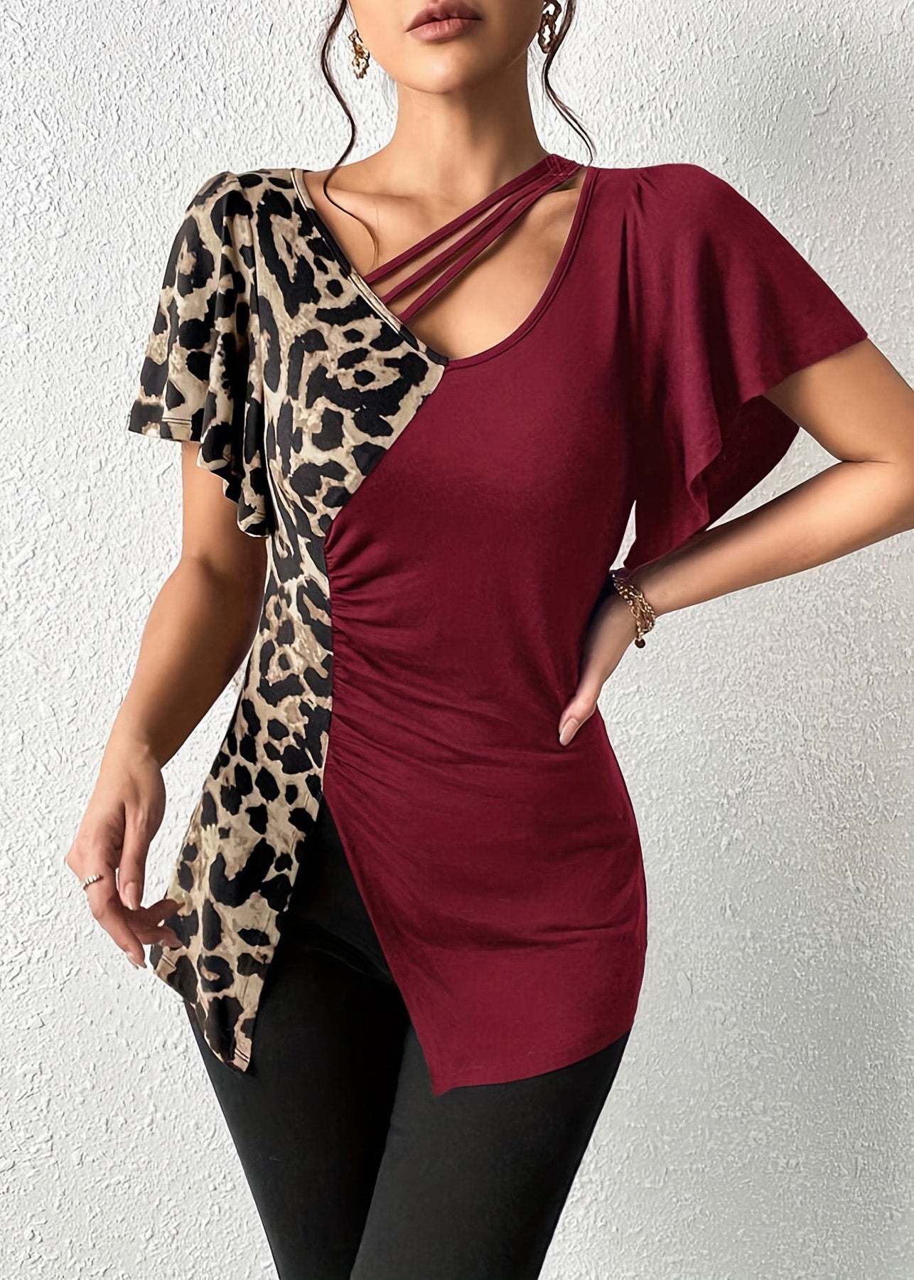 Asymmetrical New Green Butterfly Tops Cotton Patchwork Army