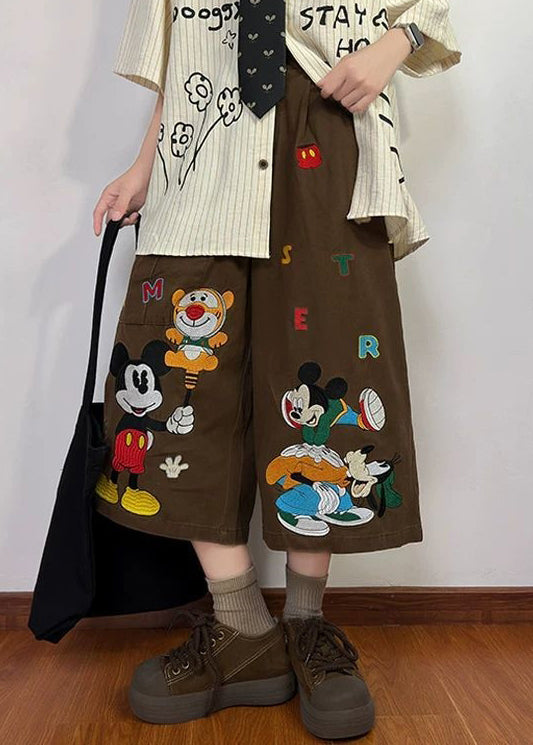 Pockets Denim Crop Mens New Cartoon Print Pants Summer Coffee