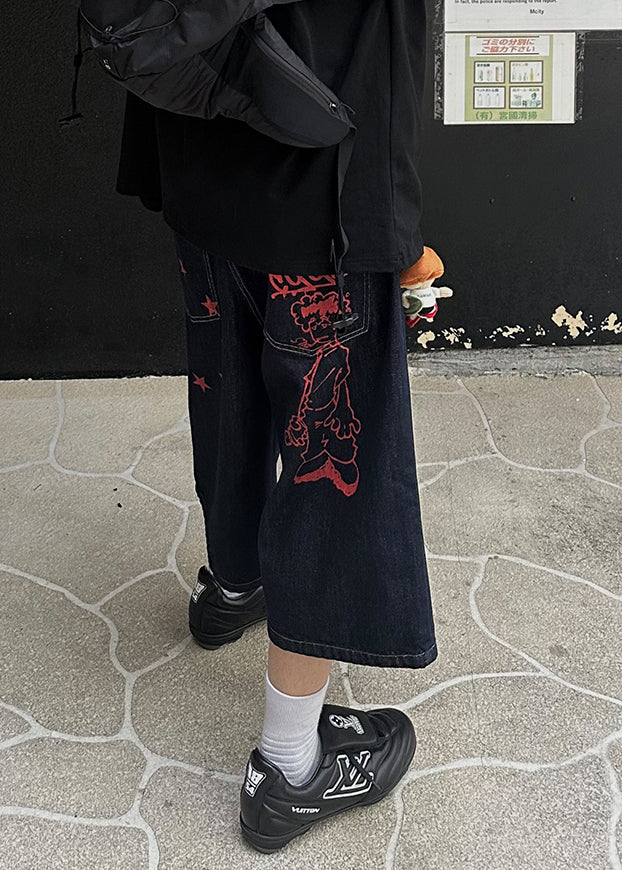 Denim Navy Pants Summer New Crop Print Men Pockets