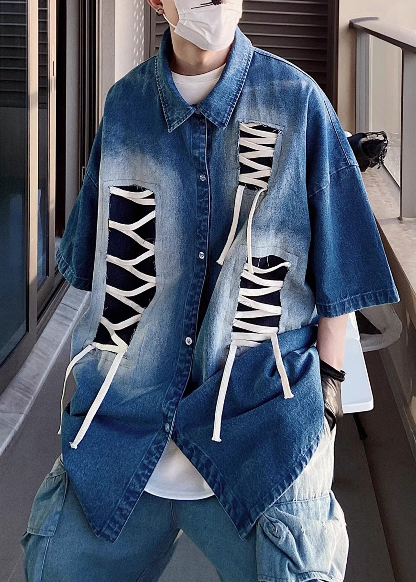 Sleeve Design Patchwork Men Half Size Plus Original Shirts Blue