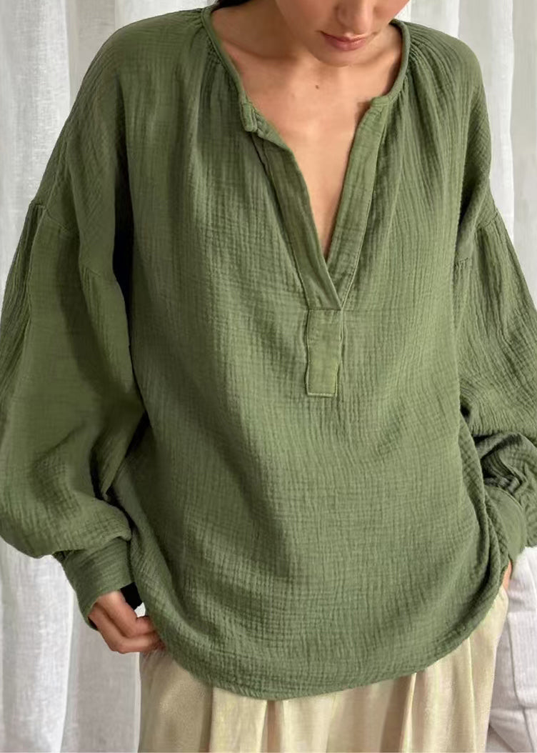 Plus Solid Neck Tops Size Patchwork V Green Fall