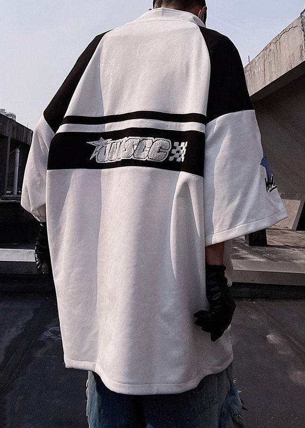 Mens Shirts Zip Half Print White Plus Sleeve Cotton T Up Size