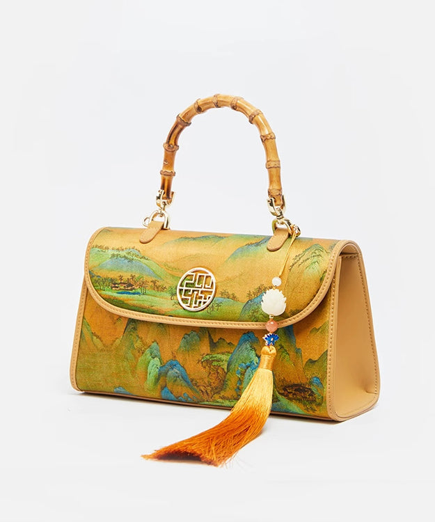 Bag Tote Retro Decorated Yellow Tassel Silk Print
