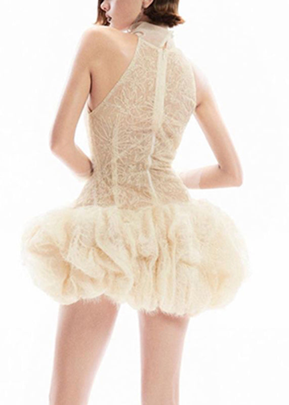 Patchwork Dress Sleeveless Mid Lace Turtleneck Sexy Apricot