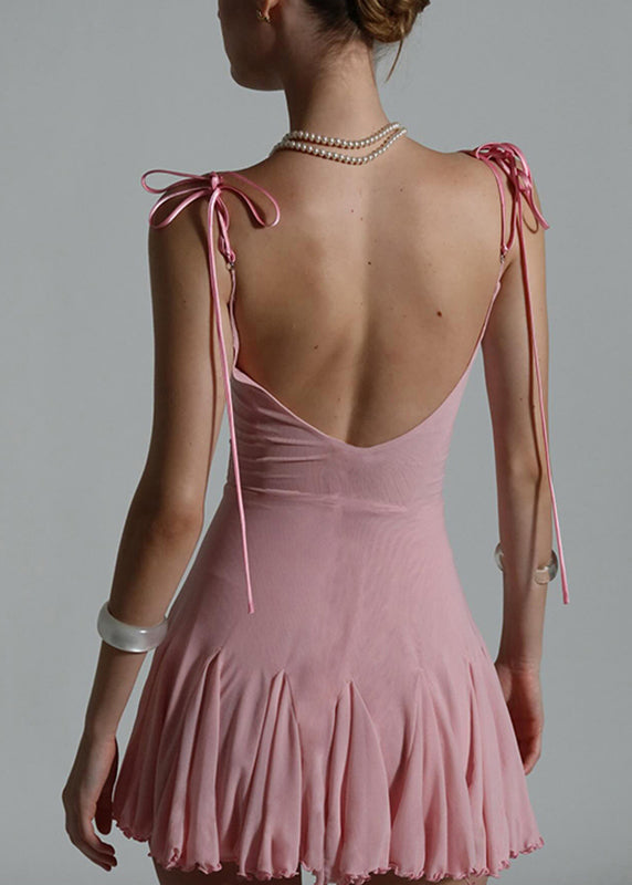 Patchwork Strap Tulle Sexy Dress Pink Spaghetti Sleeveless Mid