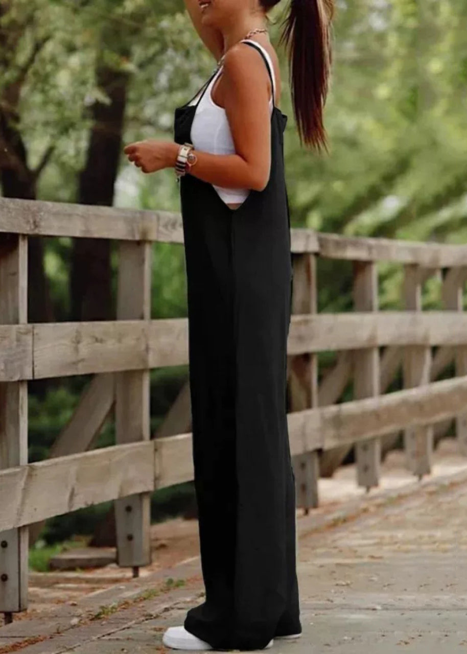 Jumpsuit Black Patchwork Leg Wide Slash Neck Simple Summer
