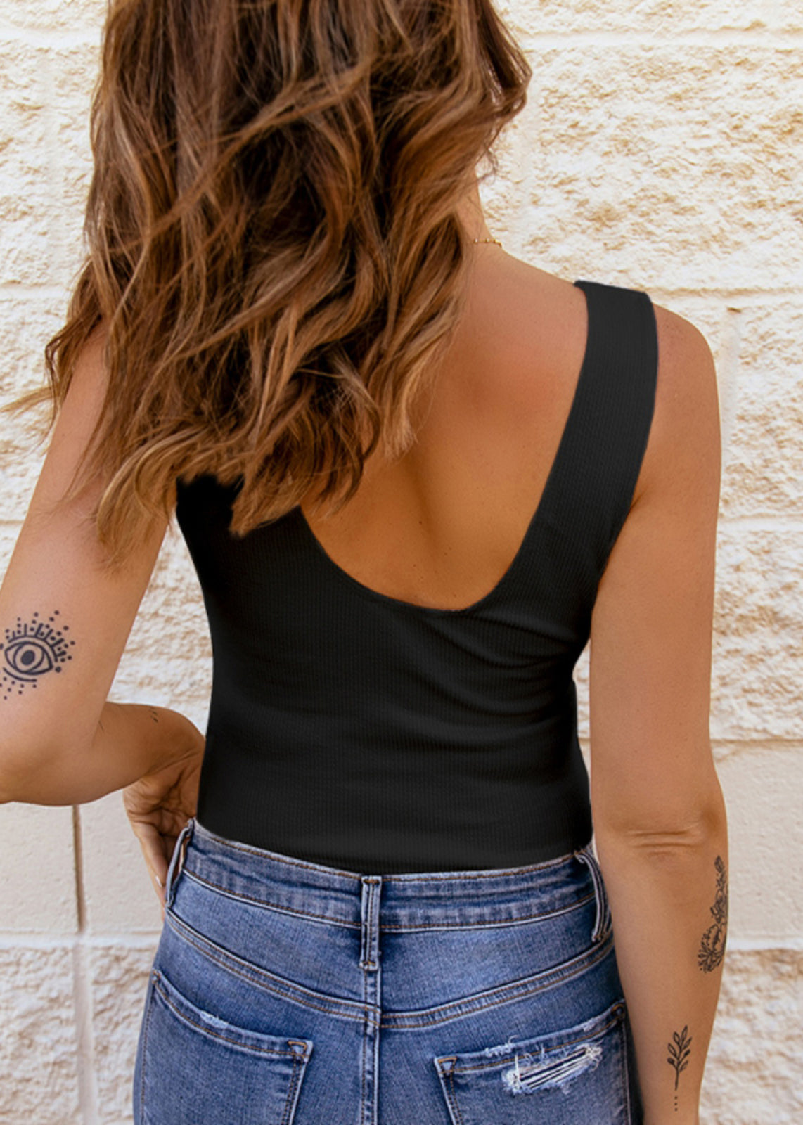 Black Fit Patchwork Lace Tank Neck V Sleeveless Slim