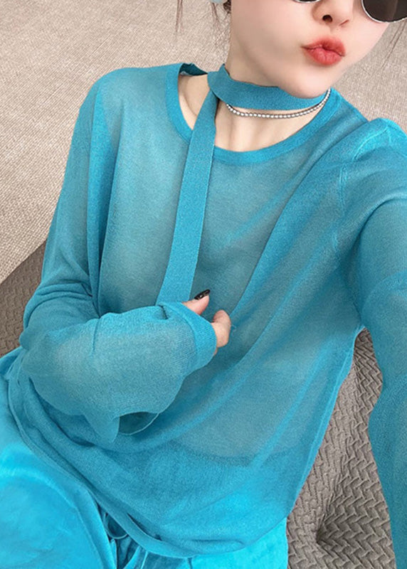 Fall Leg Two Wide Pants Set Piece And O-Neck Blue Stylish Knit Toop