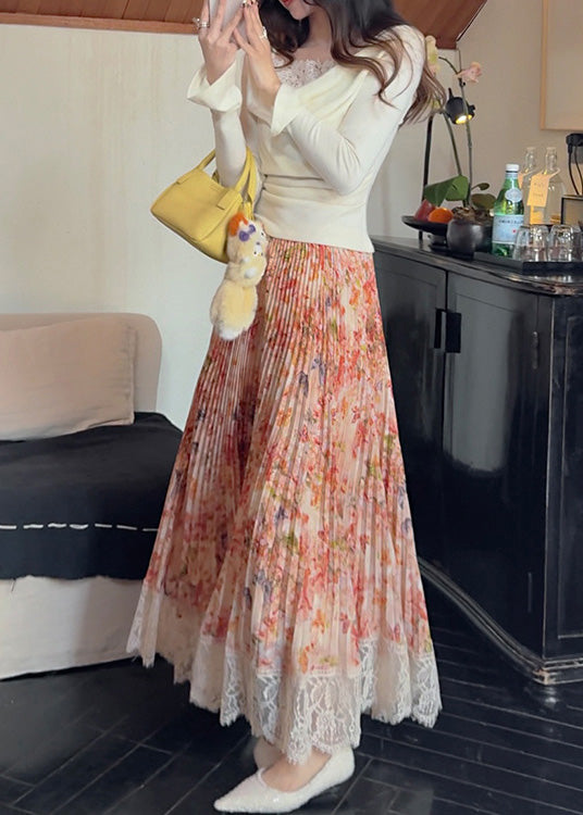 Print Chiffon Patchwork Orange Lace Skirt Stylish Pleated Summer