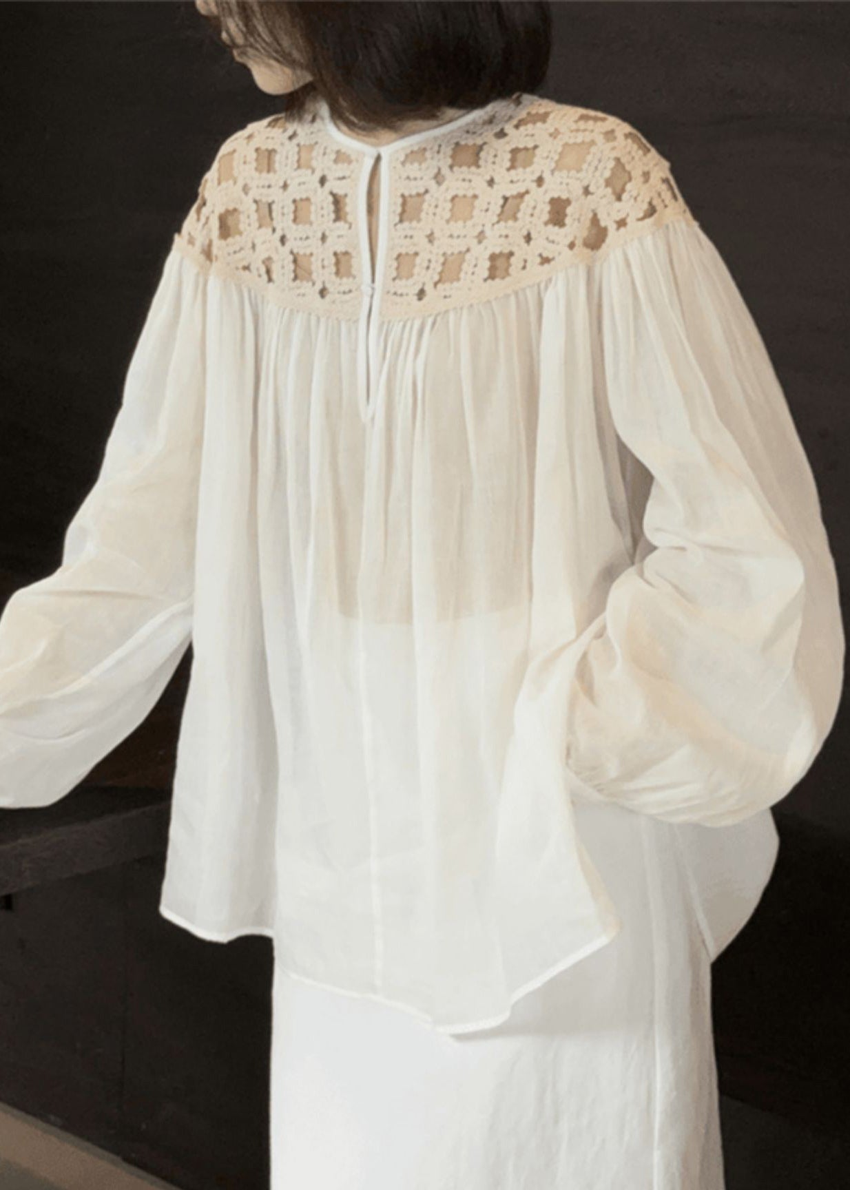 Hollow Shirts Cotto Wrinkled Out Fall Stylish Silk White O-Neck