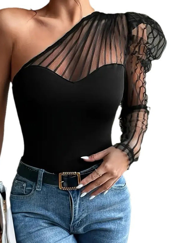 Sexy T-Shirt Summer Patchwork Top Long Tulle Shoulder One Sleeved