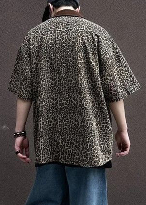 Unique Half Patchwork Sleeve Leopard Men Shirts Pockets Corduroy