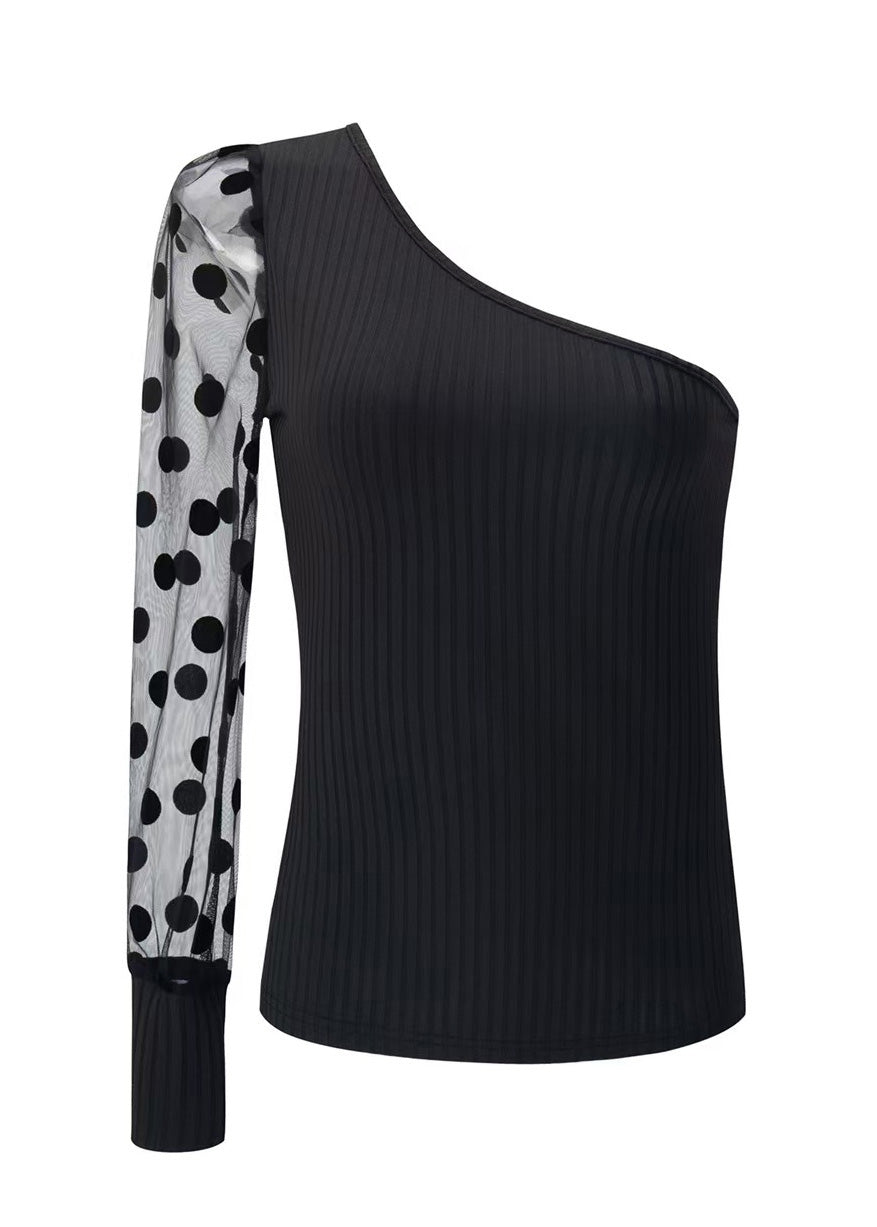 Patchwork Sleeved Shoulder Top Black 2025 Women Single