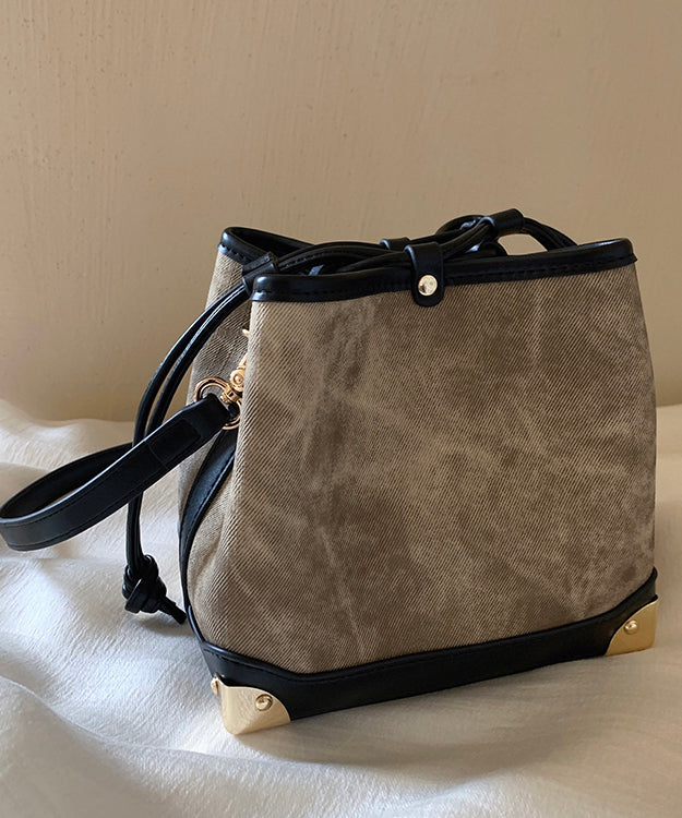 Bag Drawstring Faux Black Leather Women Bucket