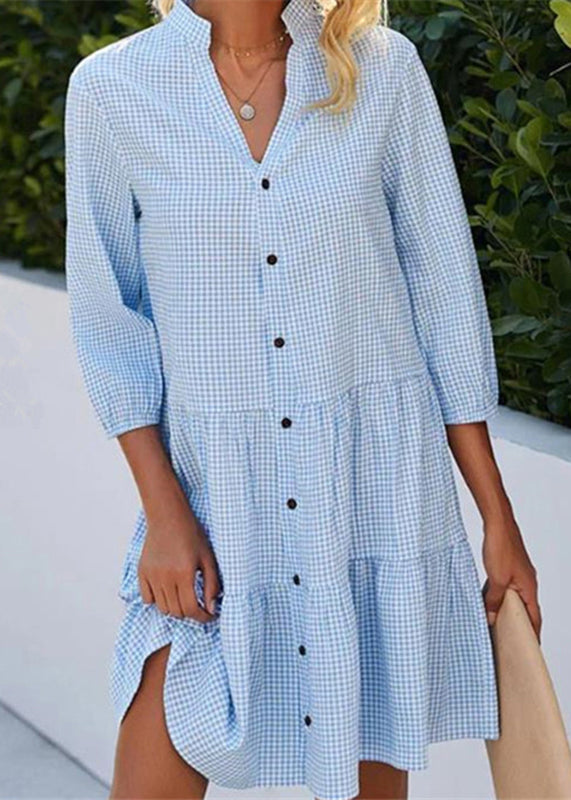 Shirts Plaid Collar Blue Women Dress Fall Mid Stand Button
