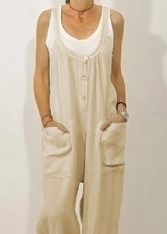 Button Solid O-Neck Sleeveless Jumpsuits Khaki Women