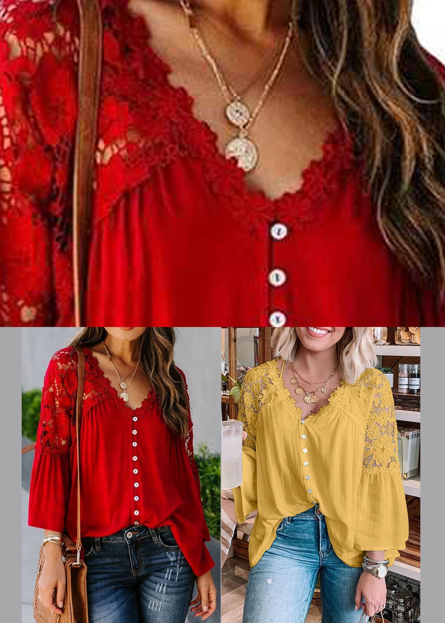 Fall Patchwork Solid Top Women Lace Red