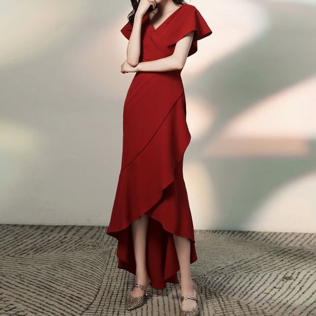 V-Neck Mermaid Gown Short-Sleeve Tiered (Various Designs)