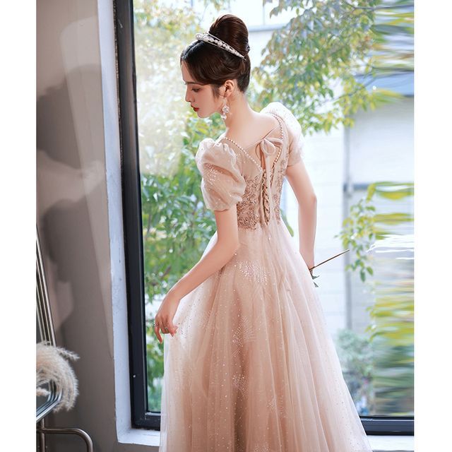 Designs) Evening Sequined (Various Puff-Sleeve Lace-Up A-Line Gown Back