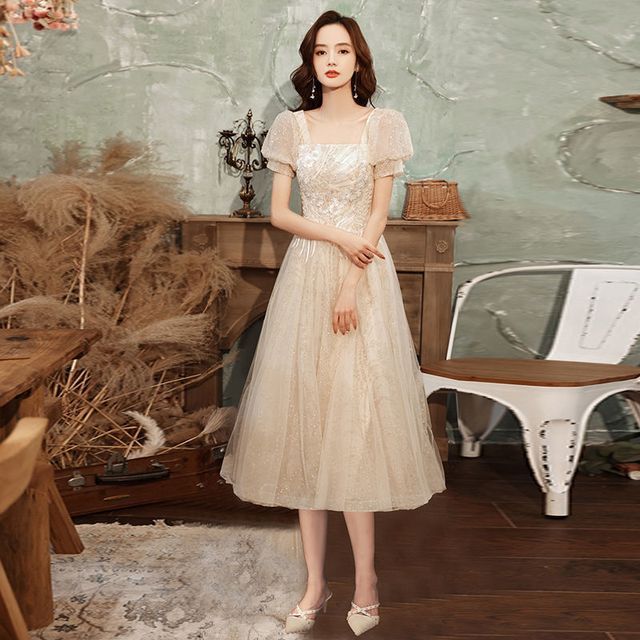 Dress Cocktail Evening Gown / A-Line Puff-Sleeve