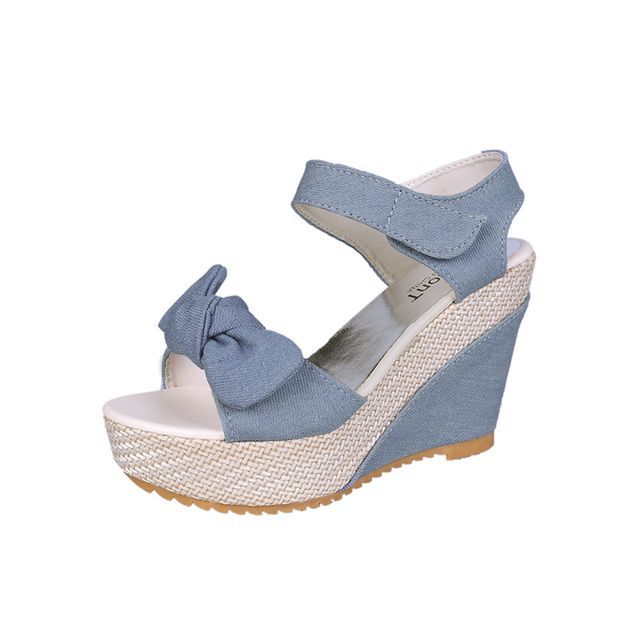 Platform Denim Wedge-Heel Sandals