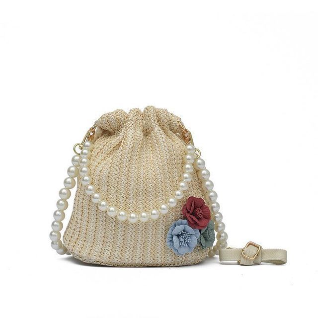 Bucket Faux Woven Pearl Strap Bag