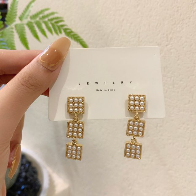 Pearl Faux Square Dangle Alloy Earring