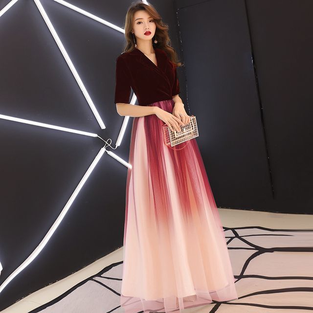 A-Line Gown Evening Ombre V-Neck Short-Sleeve