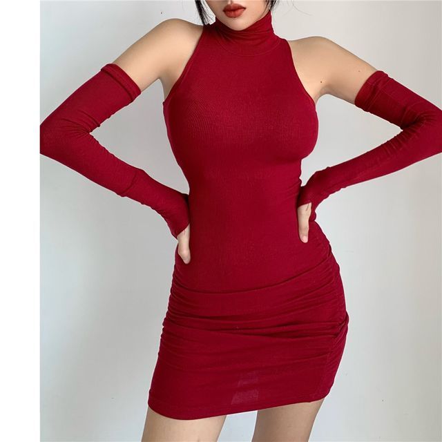Turtleneck Sleeveless Plain Dress Arm Mini Sleeves With