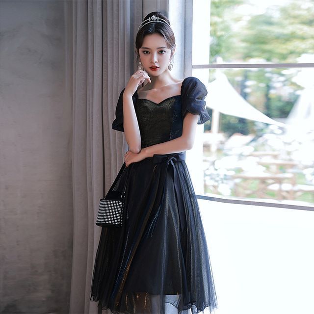 Cocktail / Sleeve Dress Mesh A-Line Evening Puff Gown