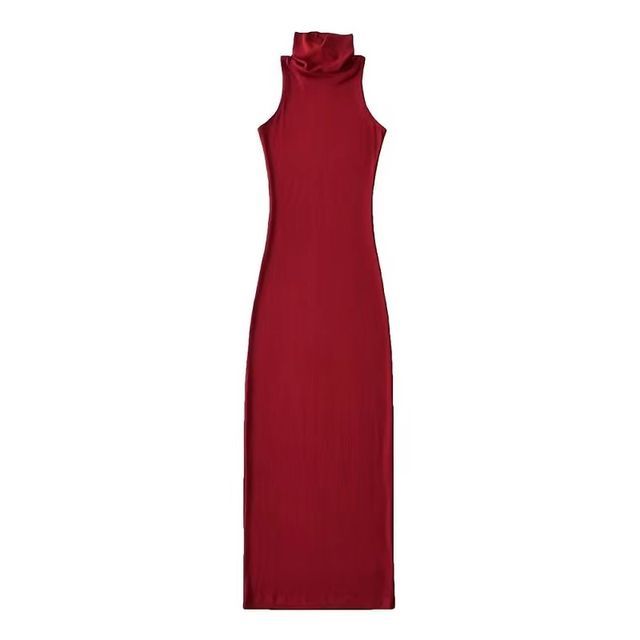 Turtleneck Plain Sleeveless Slim-Fit Dress