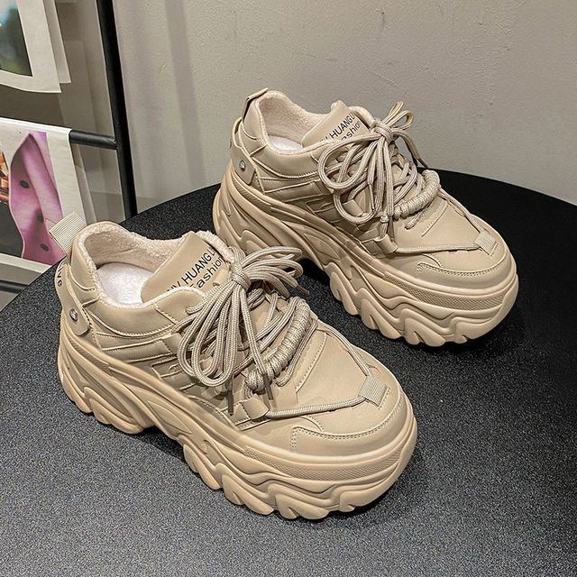 Faux Leather Sneakers Lettering Fleece-Lined Plain Print Platform