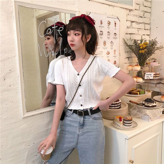 V-Neck Short-Sleeve Button-Up Knit Top Perforated