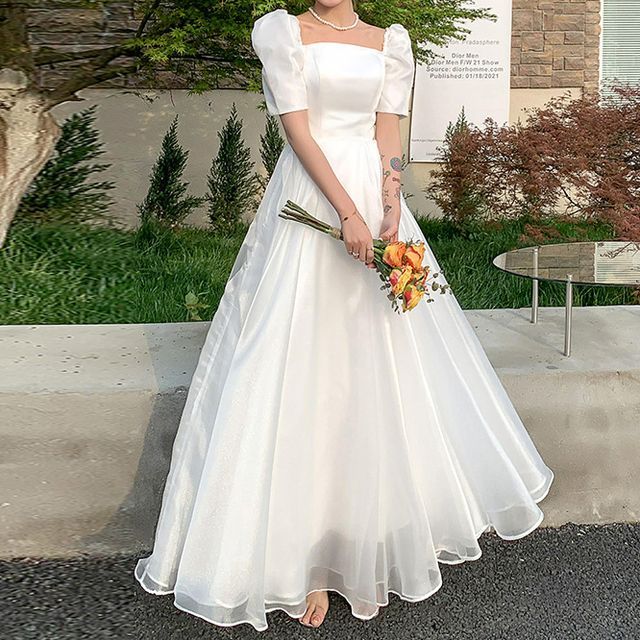 Neck Short-Sleeve Wedding Dress Square / A-Line Gown Plain Midi